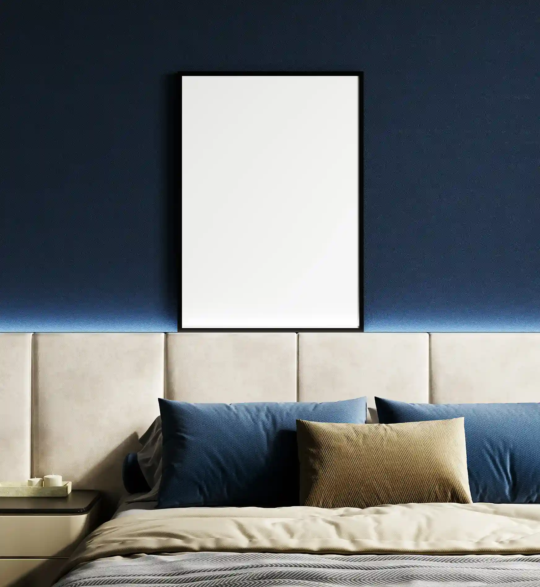 Dormitorio con pared color azul tinta