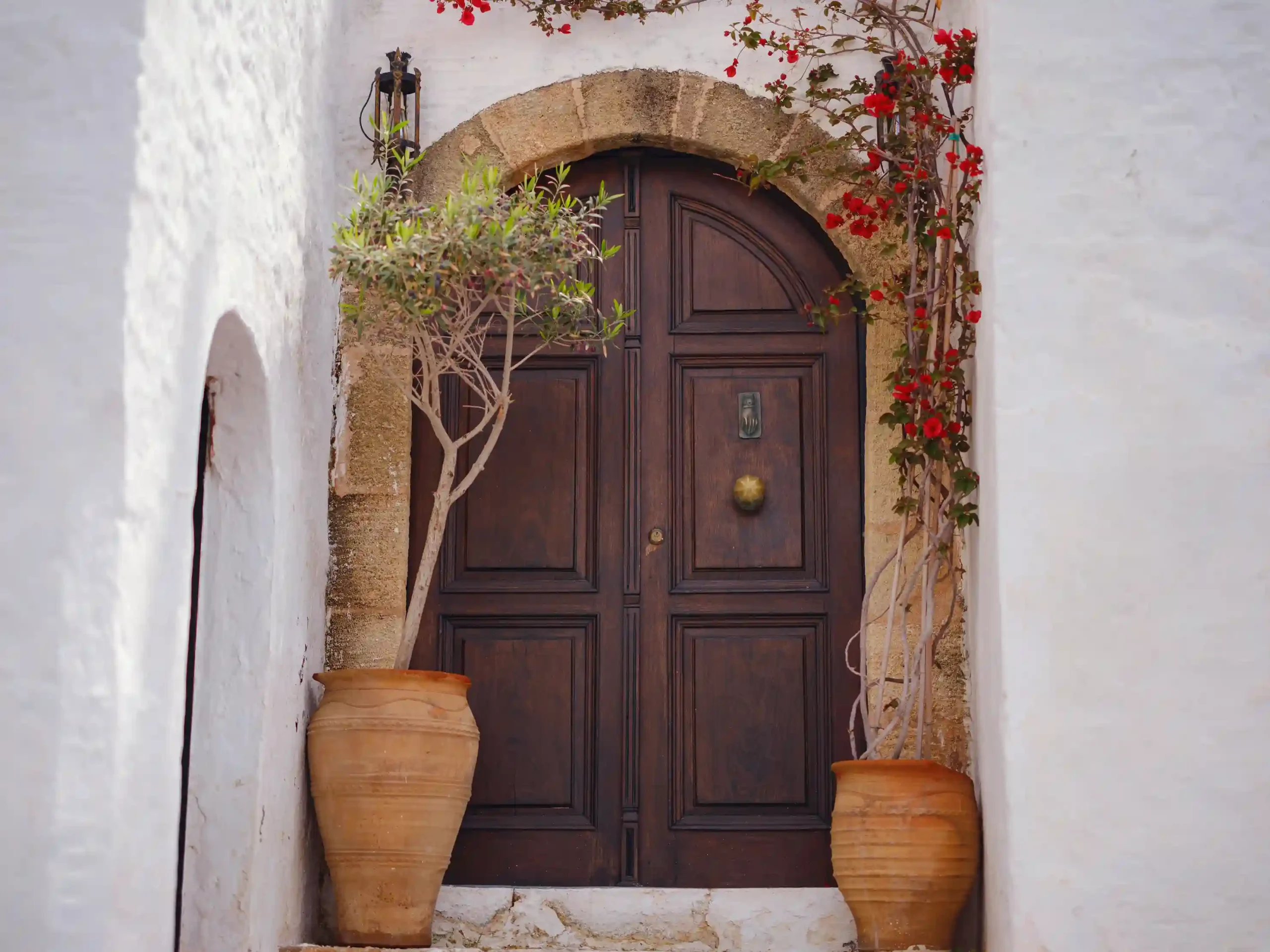 Puerta de madera natural en entrada rústica
