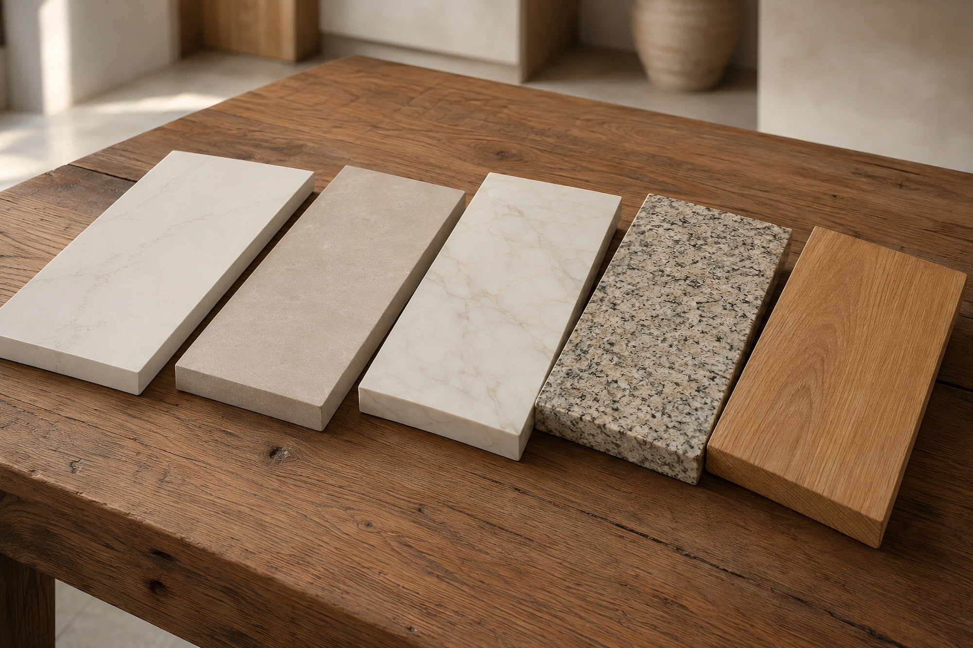 Mesa con diferencias muestras: Silestone, Dekton, porcelánico, granito y madera